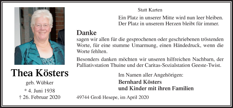  Traueranzeige für Thea Kösters vom 18.04.2020 aus Neue Osnabrücker Zeitung GmbH & Co. KG
