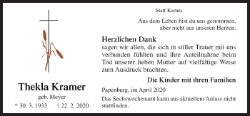 Traueranzeige von Thekla Kramer von Neue Osnabrücker Zeitung GmbH & Co. KG