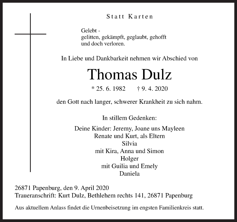  Traueranzeige für Thomas Dulz vom 11.04.2020 aus Neue Osnabrücker Zeitung GmbH & Co. KG