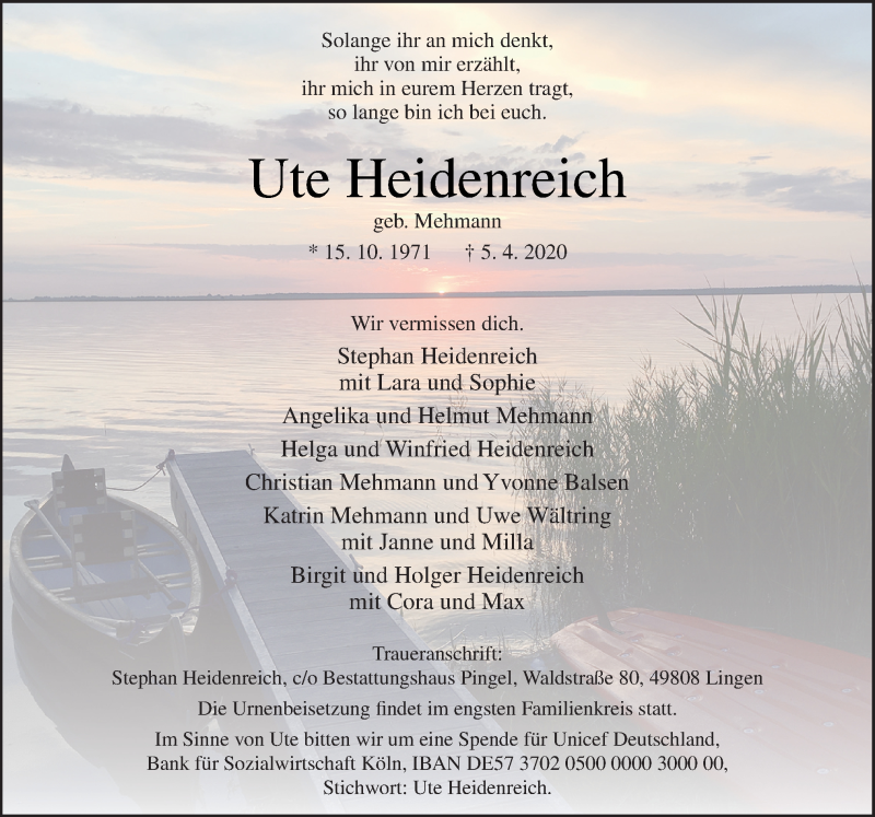  Traueranzeige für Ute Heidenreich vom 11.04.2020 aus Neue Osnabrücker Zeitung GmbH & Co. KG