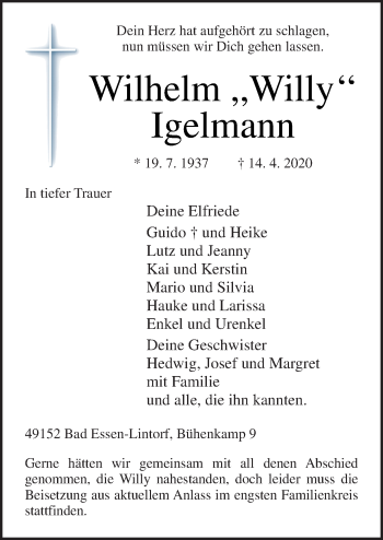 Traueranzeige von Wilhelm Igelmann von Neue Osnabrücker Zeitung GmbH & Co. KG