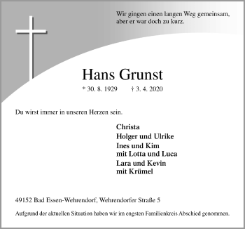 Traueranzeige von rHans Grunst von Neue Osnabrücker Zeitung GmbH & Co. KG