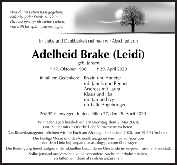 Traueranzeige von Adelheid Brake von Neue Osnabrücker Zeitung GmbH & Co. KG