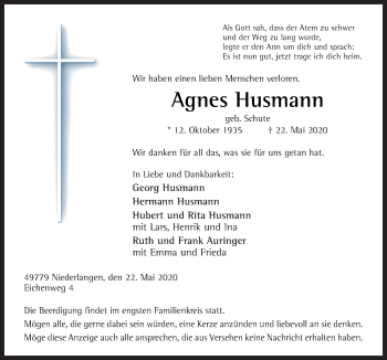 Traueranzeige von Agnes Husmann von Neue Osnabrücker Zeitung GmbH & Co. KG