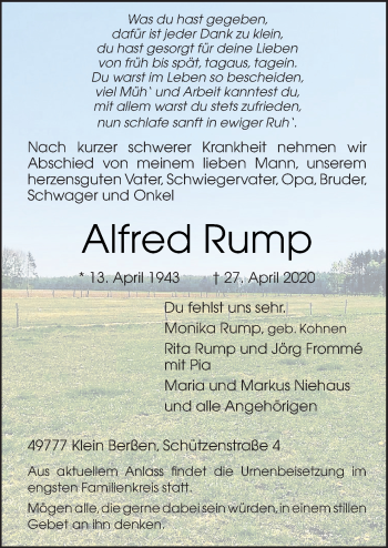 Traueranzeige von Alfred Rump von Neue Osnabrücker Zeitung GmbH & Co. KG