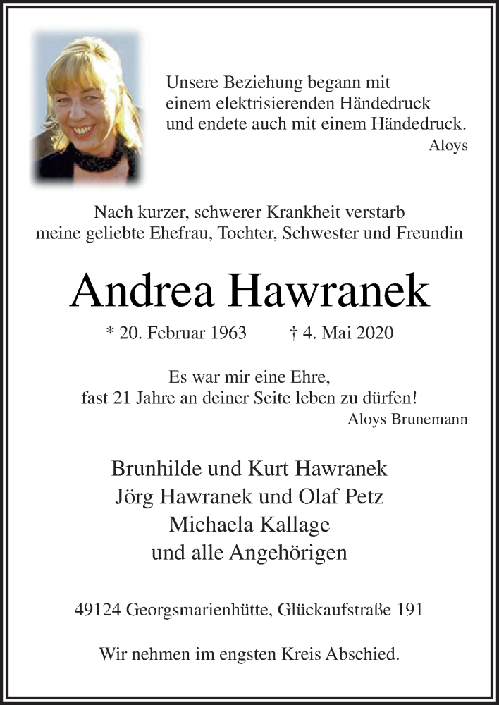  Traueranzeige für Andrea Hawranek vom 16.05.2020 aus Neue Osnabrücker Zeitung GmbH & Co. KG