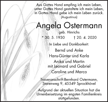 Traueranzeige von Angela Ostermann von Neue Osnabrücker Zeitung GmbH & Co. KG