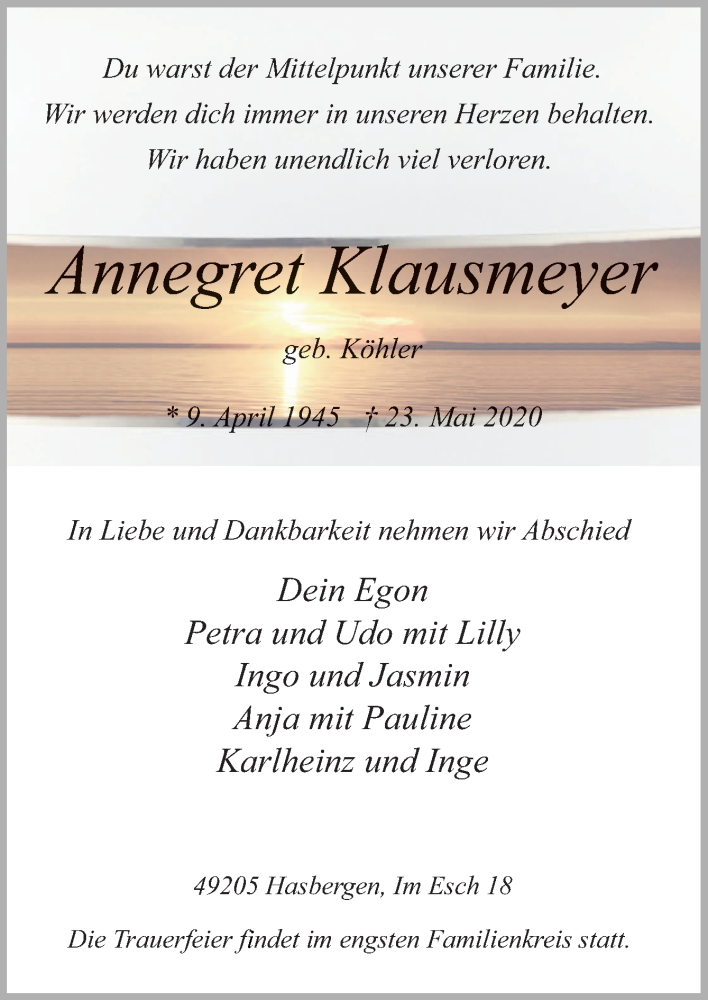  Traueranzeige für Annegret Klausmeyer vom 30.05.2020 aus Neue Osnabrücker Zeitung GmbH & Co. KG