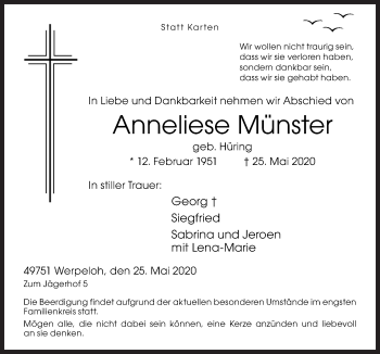 Traueranzeige von Anneliese Münster von Neue Osnabrücker Zeitung GmbH & Co. KG