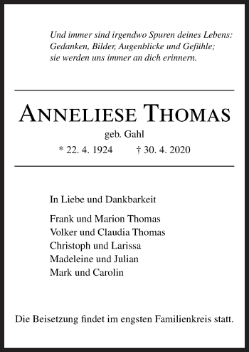 Traueranzeige von Anneliese Thomas von Neue Osnabrücker Zeitung GmbH & Co. KG