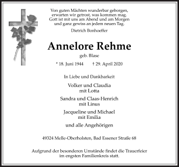Traueranzeige von Annelore Rehme von Neue Osnabrücker Zeitung GmbH & Co. KG