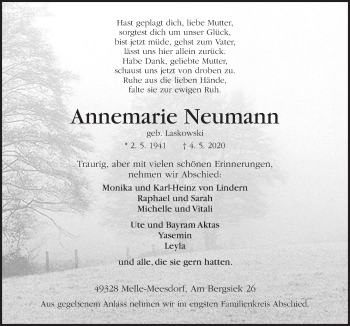 Traueranzeige von Annemarie Neumann von Neue Osnabrücker Zeitung GmbH & Co. KG