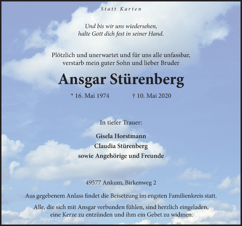  Traueranzeige für Ansgar Stürenberg vom 16.05.2020 aus Neue Osnabrücker Zeitung GmbH & Co. KG