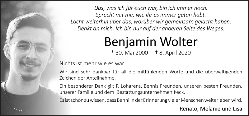  Traueranzeige für Benjamin Renato Wolter vom 30.05.2020 aus Neue Osnabrücker Zeitung GmbH & Co. KG