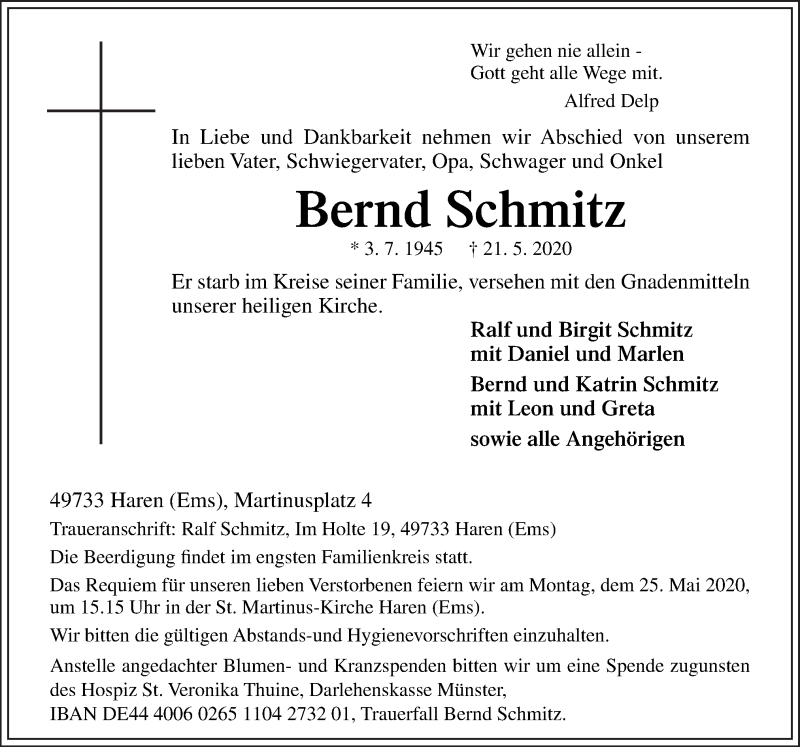 Traueranzeige für Bernd Schmitz vom 23.05.2020 aus Neue Osnabrücker Zeitung GmbH & Co. KG