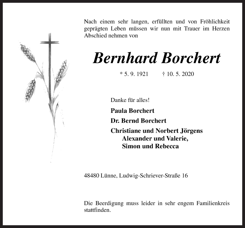  Traueranzeige für Bernhard Borchert vom 12.05.2020 aus Neue Osnabrücker Zeitung GmbH & Co. KG
