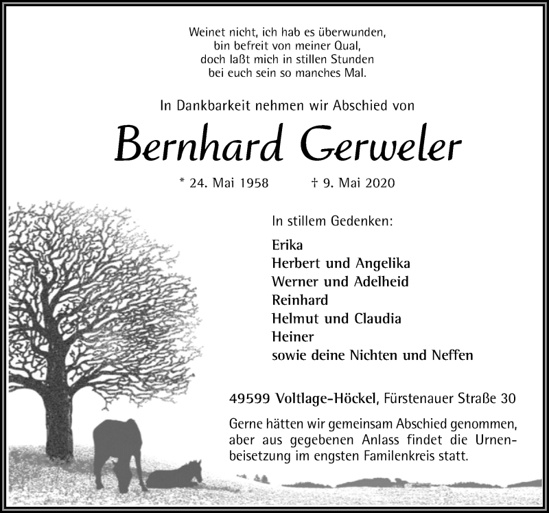 Traueranzeige für Bernhard Gerweler vom 12.05.2020 aus Neue Osnabrücker Zeitung GmbH & Co. KG