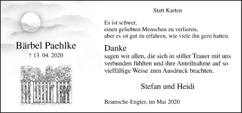 Traueranzeige von Bärbel Paehlke von Neue Osnabrücker Zeitung GmbH & Co. KG