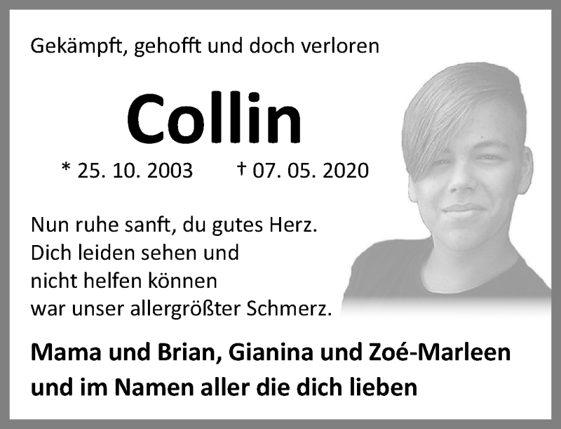  Traueranzeige für Collin  vom 16.05.2020 aus Neue Osnabrücker Zeitung GmbH & Co. KG