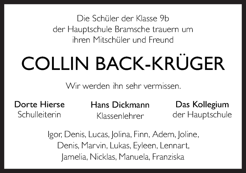  Traueranzeige für Collin Back-Krüger vom 20.05.2020 aus Neue Osnabrücker Zeitung GmbH & Co. KG