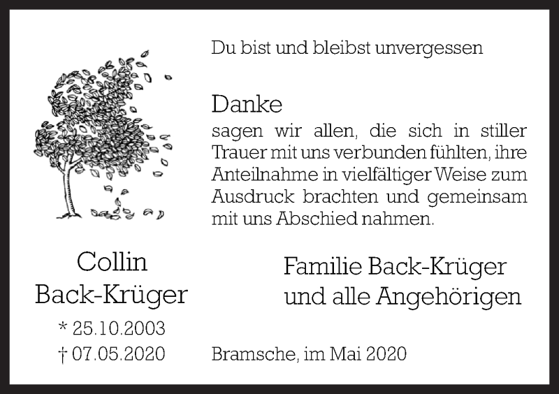  Traueranzeige für Collin Back-Krüger vom 27.05.2020 aus Neue Osnabrücker Zeitung GmbH & Co. KG
