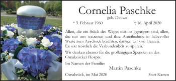 Traueranzeige von Cornelia Paschke von Neue Osnabrücker Zeitung GmbH & Co. KG