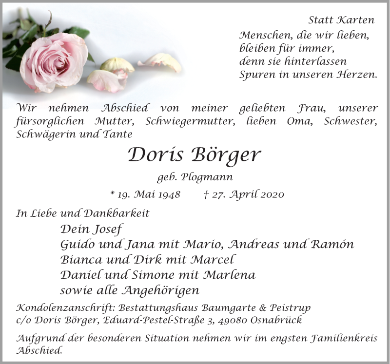  Traueranzeige für Doris Börger vom 02.05.2020 aus Neue Osnabrücker Zeitung GmbH & Co. KG