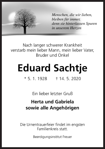 Traueranzeige von Eduard Sachtje von Neue Osnabrücker Zeitung GmbH & Co. KG