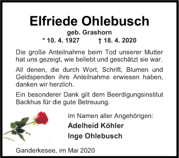 Traueranzeige von Elfriede Ohlebusch von Neue Osnabrücker Zeitung GmbH & Co. KG