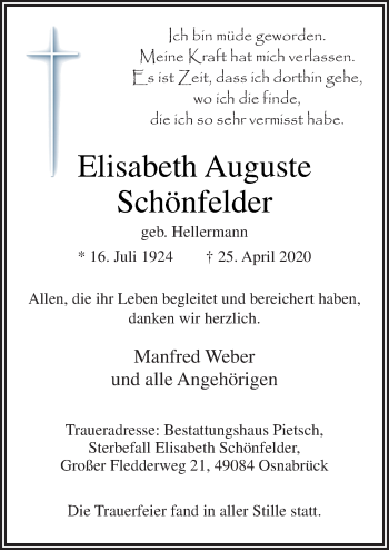 Traueranzeige von Elisabeth Auguste von Neue Osnabrücker Zeitung GmbH & Co. KG