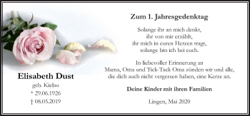 Traueranzeige von Elisabeth Dust von Neue Osnabrücker Zeitung GmbH & Co. KG