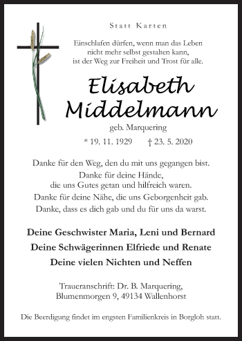 Traueranzeige von Elisabeth Middelmann von Neue Osnabrücker Zeitung GmbH & Co. KG