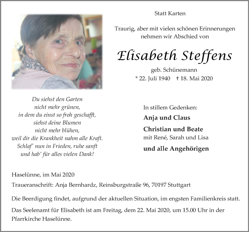 Traueranzeigen von Elisabeth Steffens | noz Trauerportal