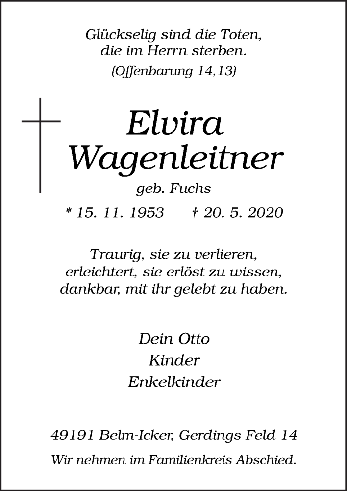 Traueranzeigen von Elvira Wagenleitner | noz Trauerportal