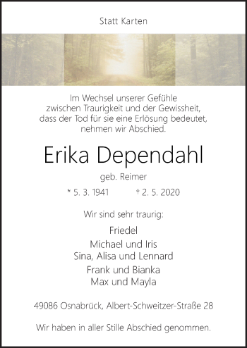 Traueranzeige von Erika Dependahl von Neue Osnabrücker Zeitung GmbH & Co. KG