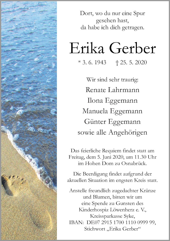  Traueranzeige für Erika Gerber vom 30.05.2020 aus Neue Osnabrücker Zeitung GmbH & Co. KG