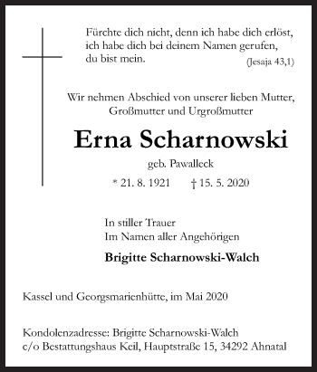 Traueranzeige von Erna Scharnowski von Neue Osnabrücker Zeitung GmbH & Co. KG
