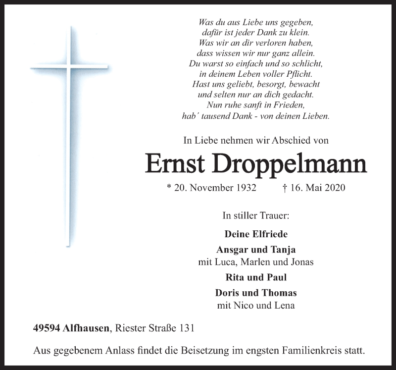  Traueranzeige für Ernst Droppelmann vom 18.05.2020 aus Neue Osnabrücker Zeitung GmbH & Co. KG