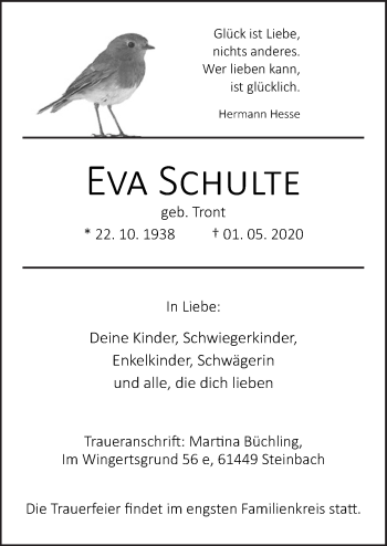 Traueranzeige von Eva Schulte von Neue Osnabrücker Zeitung GmbH & Co. KG