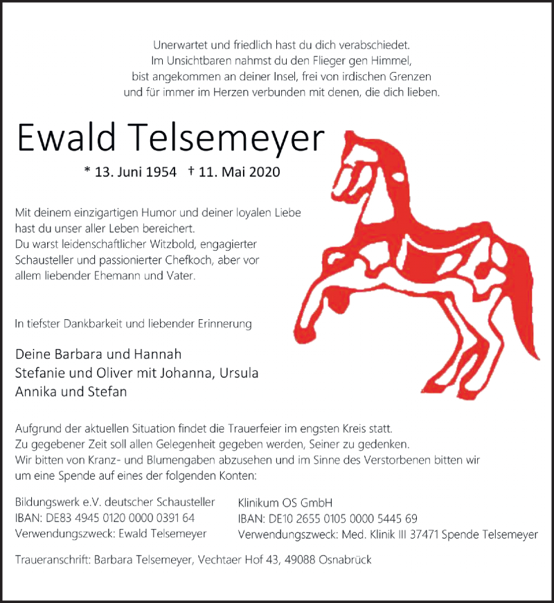  Traueranzeige für Ewald Telsemeyer vom 16.05.2020 aus Neue Osnabrücker Zeitung GmbH & Co. KG