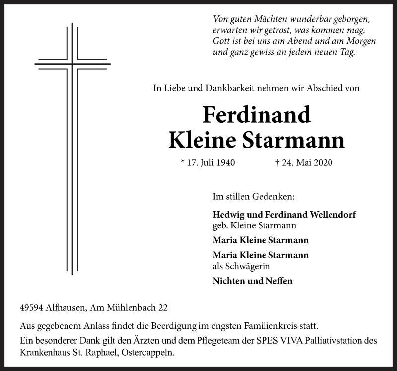  Traueranzeige für Ferdinand Kleine Starmann vom 26.05.2020 aus Neue Osnabrücker Zeitung GmbH & Co. KG