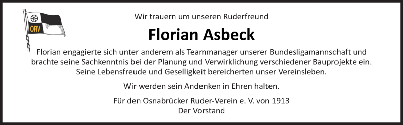  Traueranzeige für Florian Asbeck vom 19.05.2020 aus Neue Osnabrücker Zeitung GmbH & Co. KG