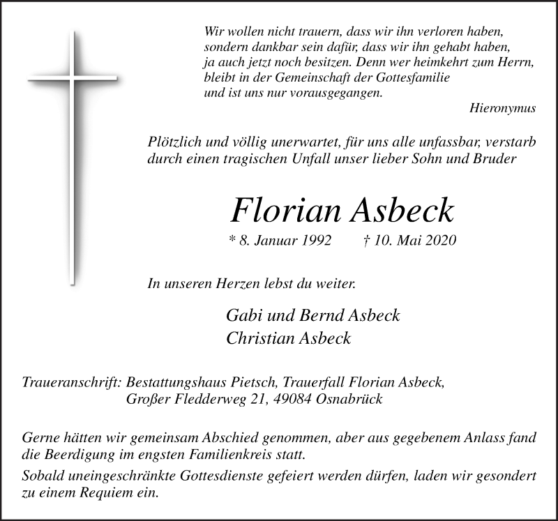  Traueranzeige für Florian Asbeck vom 19.05.2020 aus Neue Osnabrücker Zeitung GmbH & Co. KG