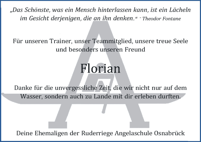  Traueranzeige für Florian Asbeck vom 19.05.2020 aus Neue Osnabrücker Zeitung GmbH & Co. KG