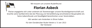 Traueranzeige von Florian Asbeck von Neue Osnabrücker Zeitung GmbH & Co. KG