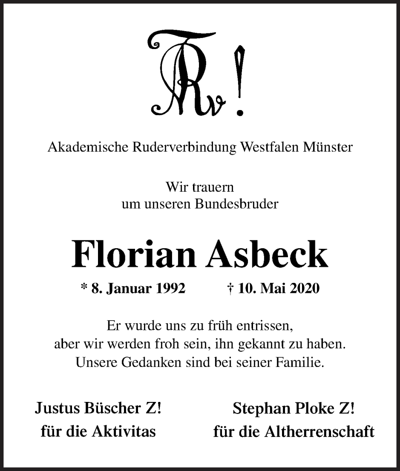  Traueranzeige für Florian Asbeck vom 16.05.2020 aus Neue Osnabrücker Zeitung GmbH & Co. KG