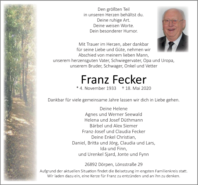  Traueranzeige für Franz Fecker vom 22.05.2020 aus Neue Osnabrücker Zeitung GmbH & Co. KG