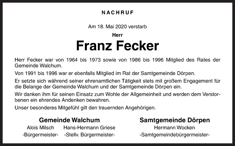  Traueranzeige für Franz Fecker vom 25.05.2020 aus Neue Osnabrücker Zeitung GmbH & Co. KG