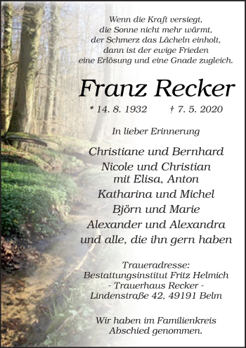 Traueranzeige von Franz Recker von Neue Osnabrücker Zeitung GmbH & Co. KG