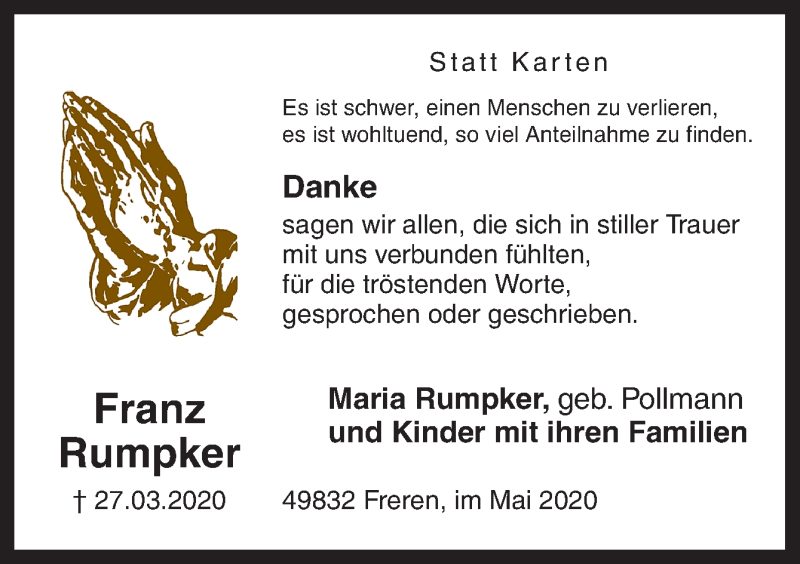  Traueranzeige für Franz Rumpker vom 16.05.2020 aus Neue Osnabrücker Zeitung GmbH & Co. KG